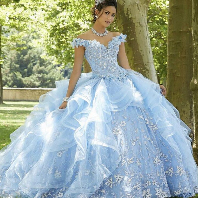 LSYX Light Blue Sweet 16 Quinceanera Dress 2022 Off Shoulder Appliques Sequins Flowers Princess Party Gown Vestidos De 15 Años